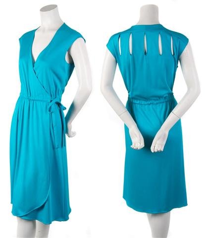 A Stephen Burrows Turquoise Wrap Dress,: A Stephen Burrows Turquoise Wrap Dress, 1970s, with keyhole cutouts at back. Labeled: Stephen Burrows.
