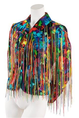 A Moschino 'Confetti' Fringe Jacket,: A Moschino 'Confetti' Fringe Jacket, in a kaleidoscope print, with all-over multicolor fringe, fully lined. Labeled: Moschino Couture!/Made in Italy.