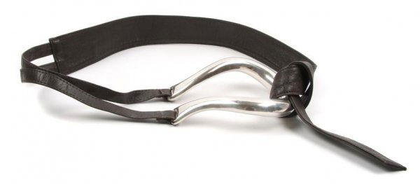 An Elsa Peretti for Tiffany & Co. Sterling Silver Belt,: An Elsa Peretti for Tiffany & Co. Sterling Silver Belt, 1984, with brown leather strap. Stamped: Peretti Tiffany & Co. Property of Julie Heidt, Chicago, Illinois