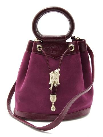 A Kieselstein-Cord Purple Suede and Leather Bag, 9 x 9 : A Kieselstein-Cord Purple Suede and Leather Bag, with a long leather shoulder strap and handles, drawstring closures with frog. Stamped: Barry Kieselstein-Cord. 9 x 9 inches.