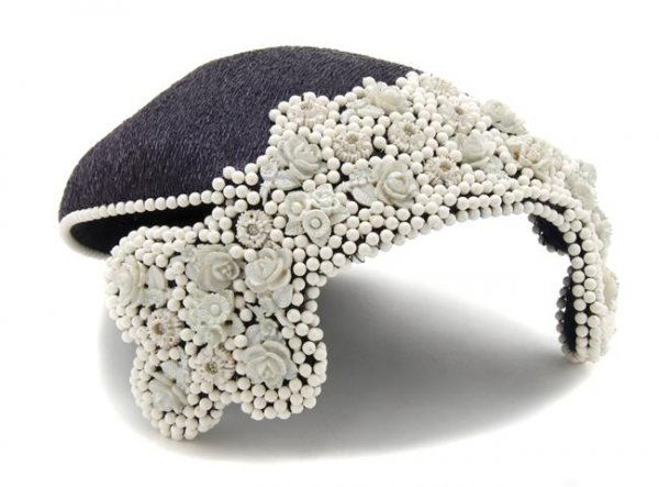 A Bes-Ben Navy Blue Hat,: A Bes-Ben Navy Blue Hat, with white and floral beading, matching hat pin. Labeled: Bes-Ben. Property from the Estate of Norma Seidman, Lincolnwood, Illinois