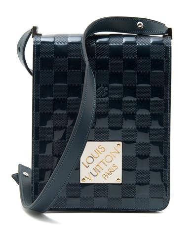 A Louis Vuitton Blue Patent Leather Damier Bag, 6 x 8 i: A Louis Vuitton Blue Patent Leather Damier Bag, with a large plaque at front, long adjustable shoulder strap. Stamped: Louis Vuitton. 6 x 8 inches. Property of Julie Heidt, Chicago, Illinois