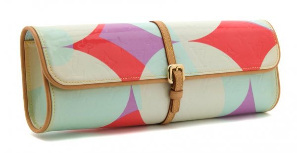 A Louis Vuitton Pastel Leather Geometric Print Clutch, : A Louis Vuitton Pastel Leather Geometric Print Clutch, with a detachable leather strap. Stamped: Louis Vuitton. 13 x 4 inches. Property of Julie Heidt, Chicago, Illinois