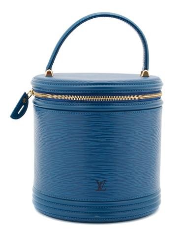 A Louis Vuitton Blue Epi Leather Round Zipper Case, 7 x: A Louis Vuitton Blue Epi Leather Round Zipper Case, with a leather handle. Stamped: Louis Vuitton. 7 x 8 x 7 inches. Property of Julie Heidt, Chicago, Illinois