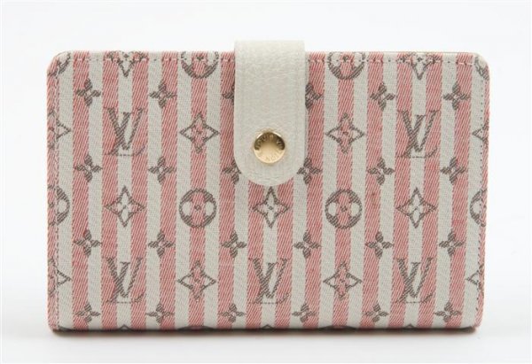 A Louis Vuitton Pink Striped Cotton Canvas Wallet, 5 x : A Louis Vuitton Pink Striped Cotton Canvas Wallet, logo canvas with a leather interior. Stamped: Louis Vuitton. 5 x 4 inches. Property of Julie Heidt, Chicago, Illinois