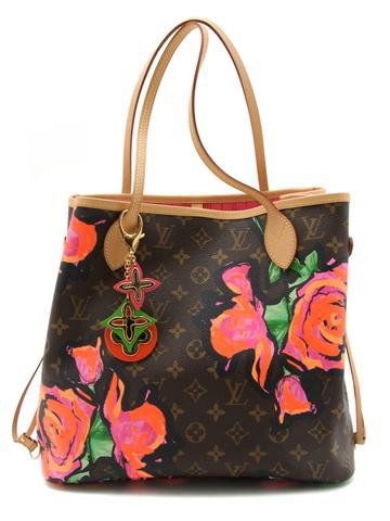 A Louis Vuitton Stephen Sprouse Style Floral Print Tote: A Louis Vuitton Stephen Sprouse Style Floral Print Tote, 2008, with leather handles, fully lined in striped canvas, matching charm keychain. Stamped: Louis Vuitton. 12 x 11 inches. Property of Julie H