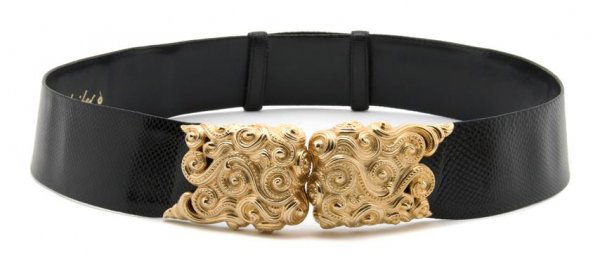 A Judith Leiber Black Lizardskin Belt,: A Judith Leiber Black Lizardskin Belt, adjustable with gold swirl buckle. Stamped: Judith Leiber.