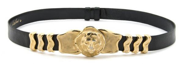 A Judith Leiber Black Lizardskin Belt,: A Judith Leiber Black Lizardskin Belt, adjustable with a goldtone lion buckle. Stamped: Judith Leiber.