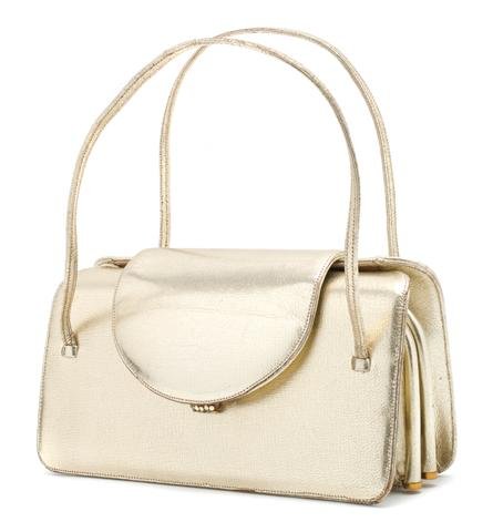 A Judith Leiber Gold Leather Purse, 8 x 4 inches.: A Judith Leiber Gold Leather Purse, with a flap closure with a rhinestone detail. Stamped: Judith Leiber. 8 x 4 inches.
