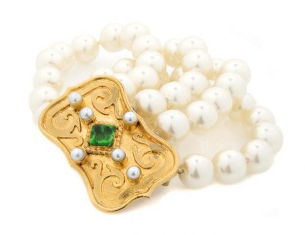 An Isabel Canovas Faux Pearl Bracelet,: An Isabel Canovas Faux Pearl Bracelet, from the Russian Collection, four strands with goldtone byzantine style closure. Stamped: Djouga/Isabel Canovas.