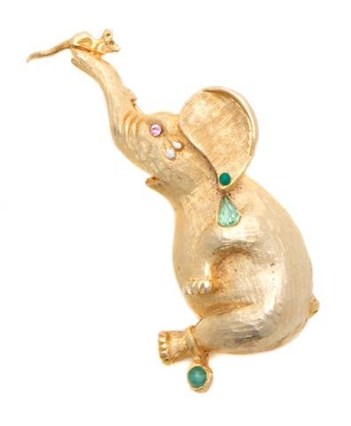 A Hattie Carnegie Goldtone Elephant and Mouse Brooch.: A Hattie Carnegie Goldtone Elephant and Mouse Brooch. Stamped: Hattie Carnegie.
