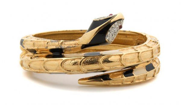 A Joseph Mazer Snake Bracelet,: A Joseph Mazer Snake Bracelet, with black and cream enamel and rhinestone details. Stamped: Joseph Mazer.