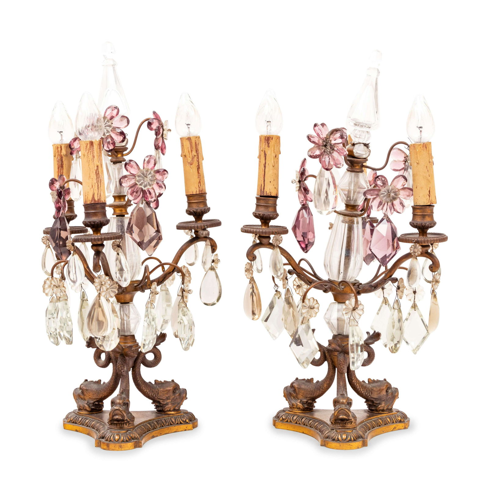 A Pair of French Gilt Metal and Cut Glass Three-Light (1 of 3)