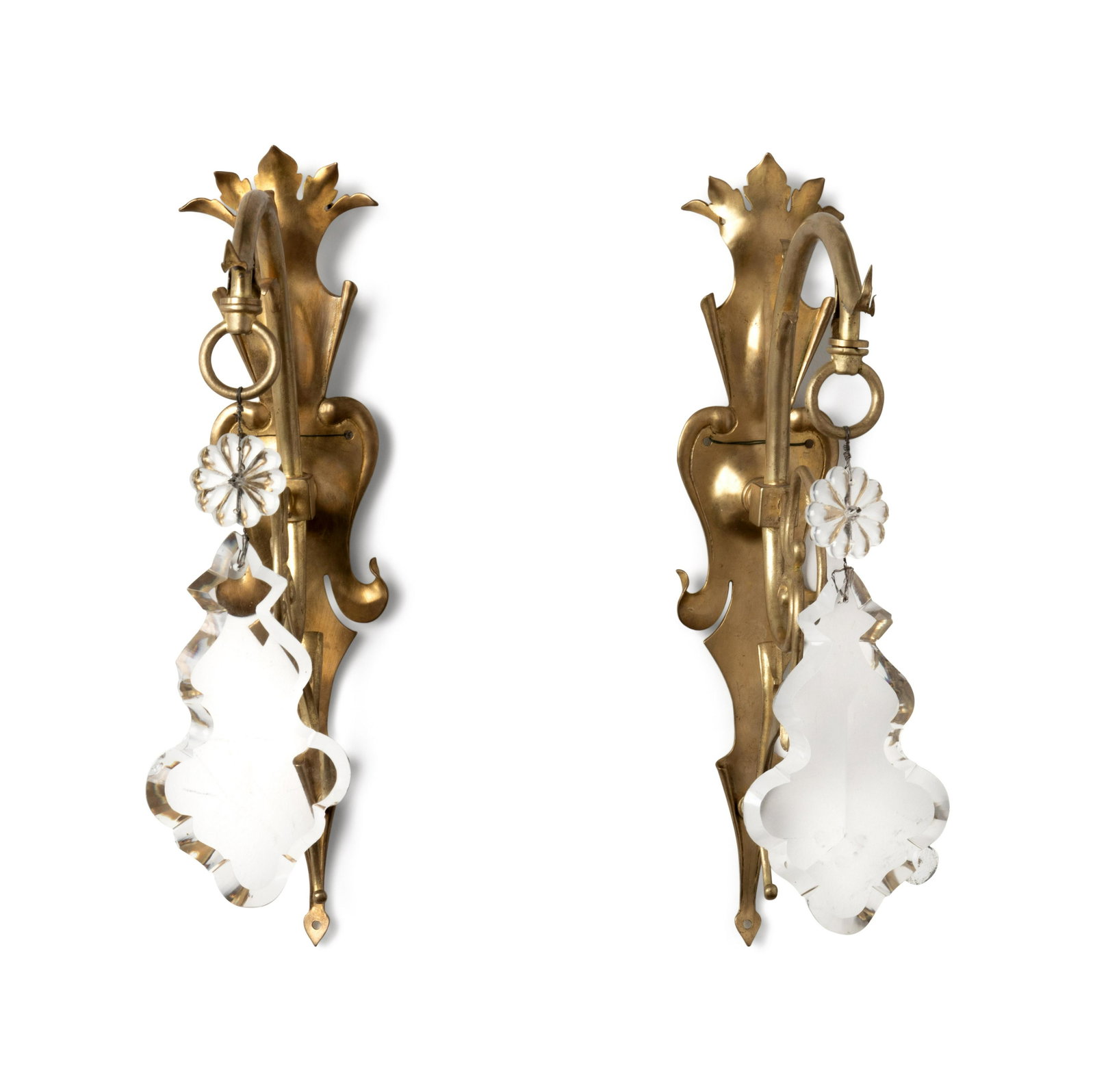 A Pair of Brass and Cut Glass Prism Wall Ornaments: A Pair of Brass and Cut Glass Prism Wall Ornaments 20th Century Height 16 3/4 inches. Property from Christa's Ltd., Chicago, Illinois Note: This lot is located in Chicago, Illinois. The buyer will be 