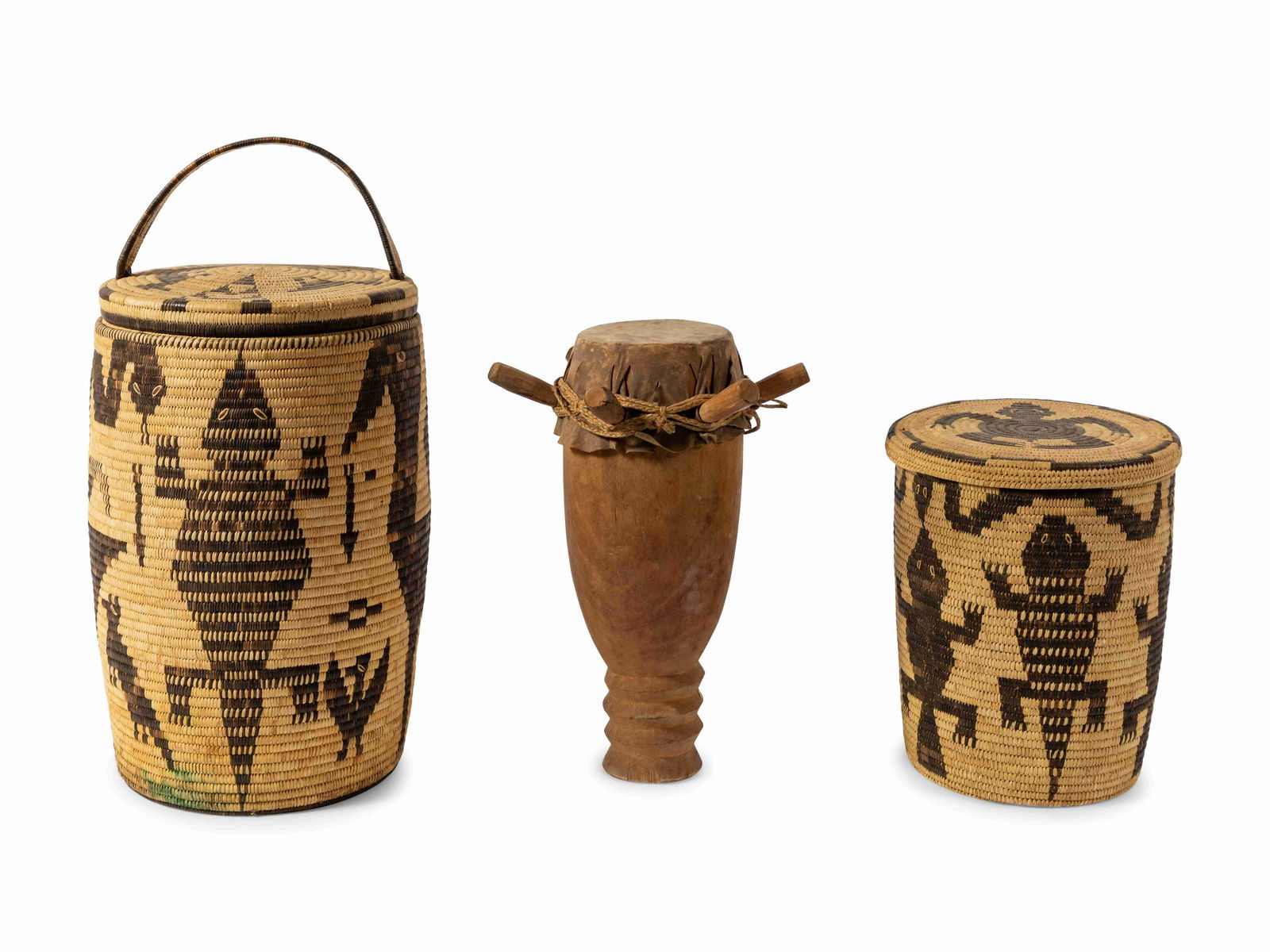 Two Woven Baskets and a Wood and Hide Drum (1 of 1)