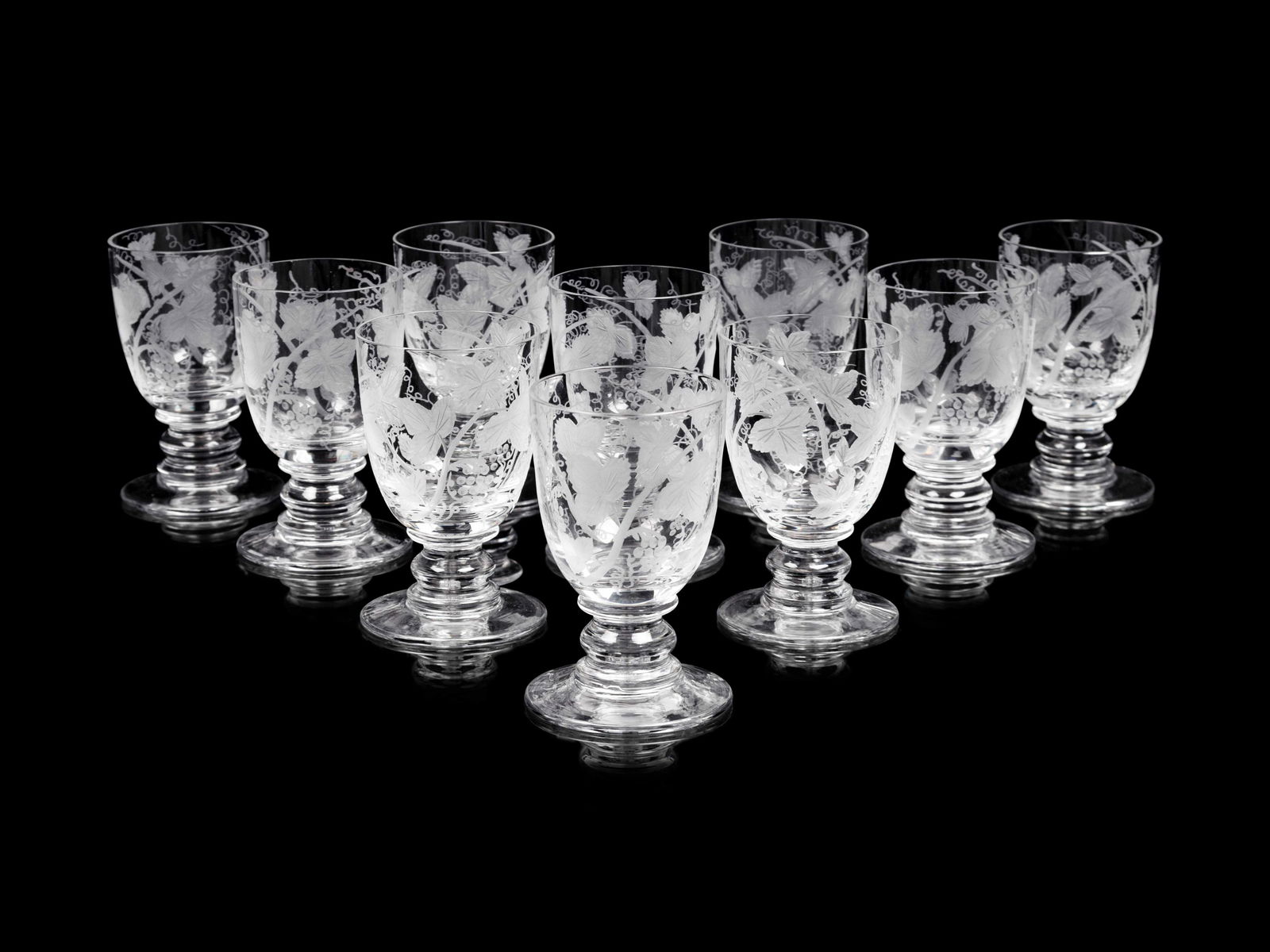 A Set of Sixteen William Yeoward Etched Glass Wine: A Set of Sixteen William Yeoward Etched Glass Wine Goblets Height 5 3/4 inches. Property from the Estate of Norma McIntyre, Los Angeles, California Note: This lot is located in Chicago, Illinois. The