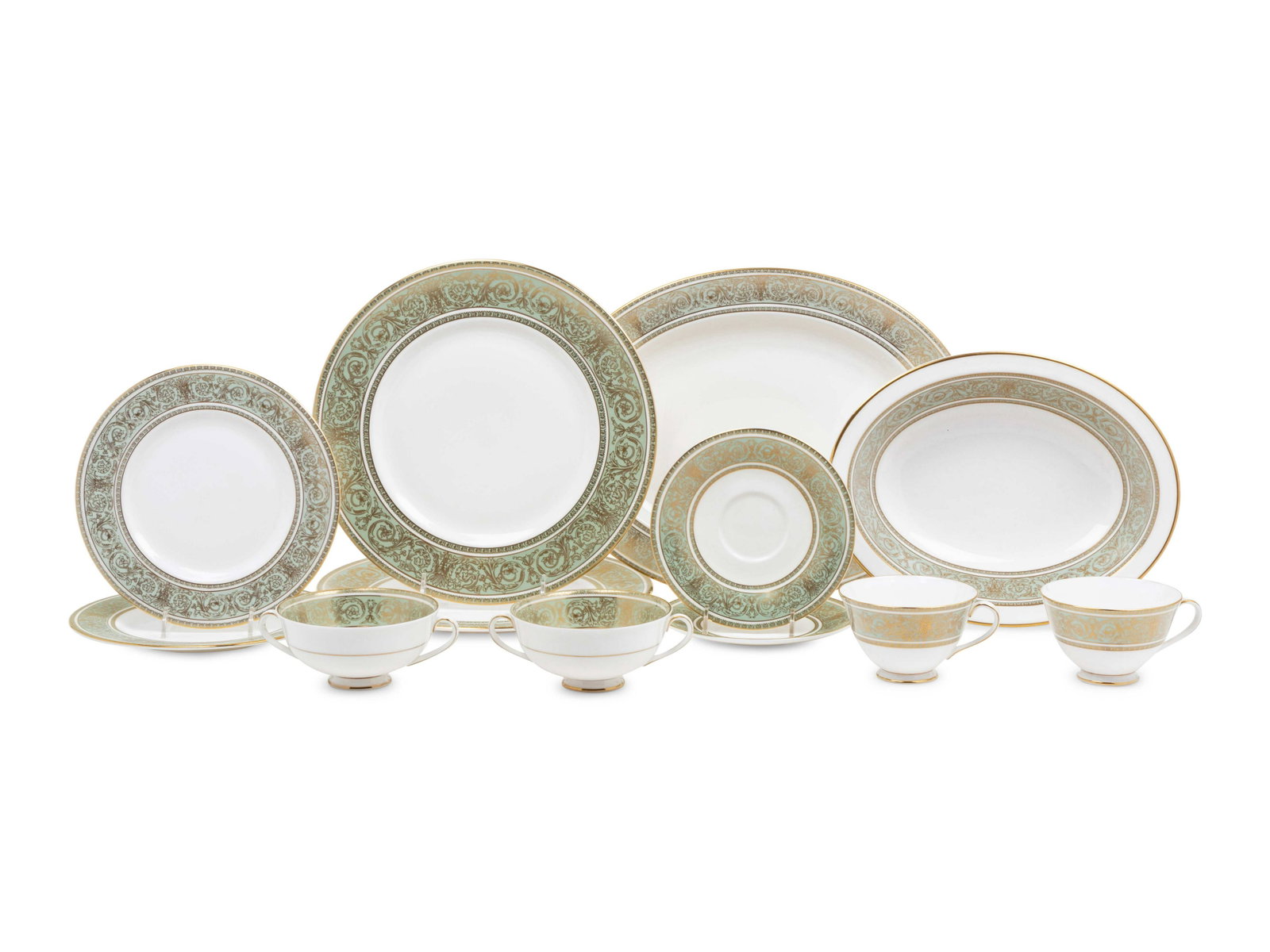A Royal Doulton English Renaissance Porcelain Dinner: A Royal Doulton English Renaissance Porcelain Dinner Service 20th Century comprising: 12 dinner plates 12 salad plates 12 bread plates 12 soup bowls 10 teacups 24 saucers 1 vegetable bowl 1 oval servi