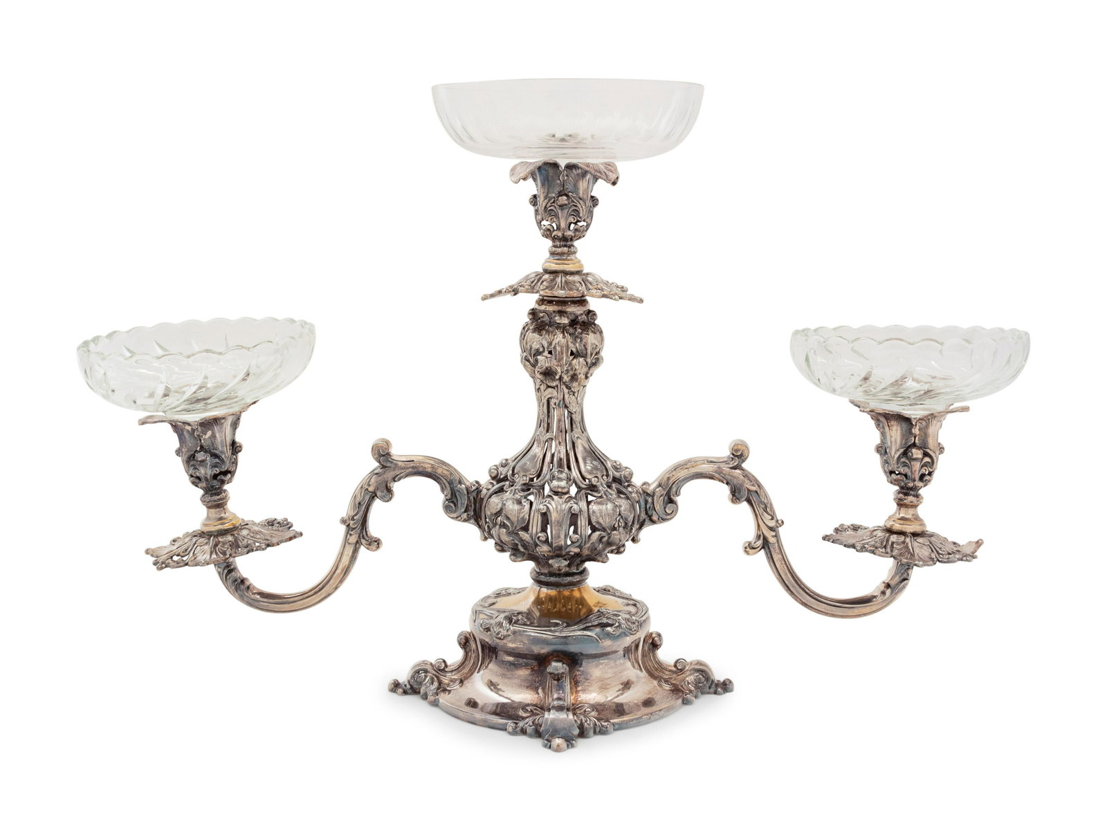 An English Silver-Plate and Cut Glass a‰pergne: An English Silver-Plate and Cut Glass a‰pergne Height overall 13 3/4 x width 21 inches. Property from the Estate of Norma McIntyre, Los Angeles, California Note: This lot is located in Chicago, 