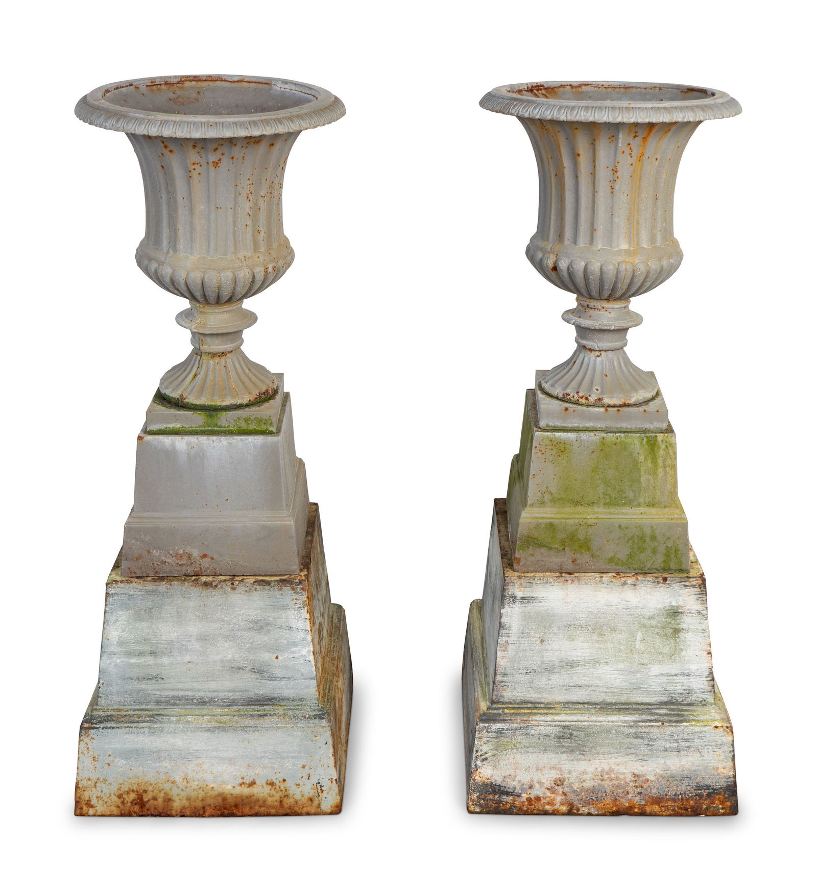 A Pair of Grey-Painted Cast Iron Campana-Form Garden: A Pair of Grey-Painted Cast Iron Campana-Form Garden Urns 20th Century Height 18 1/2 x diameter 14 1/2 inches. Property from the Collection of Bruce McCashin, Vero Beach, Florida Note: This lot is loc