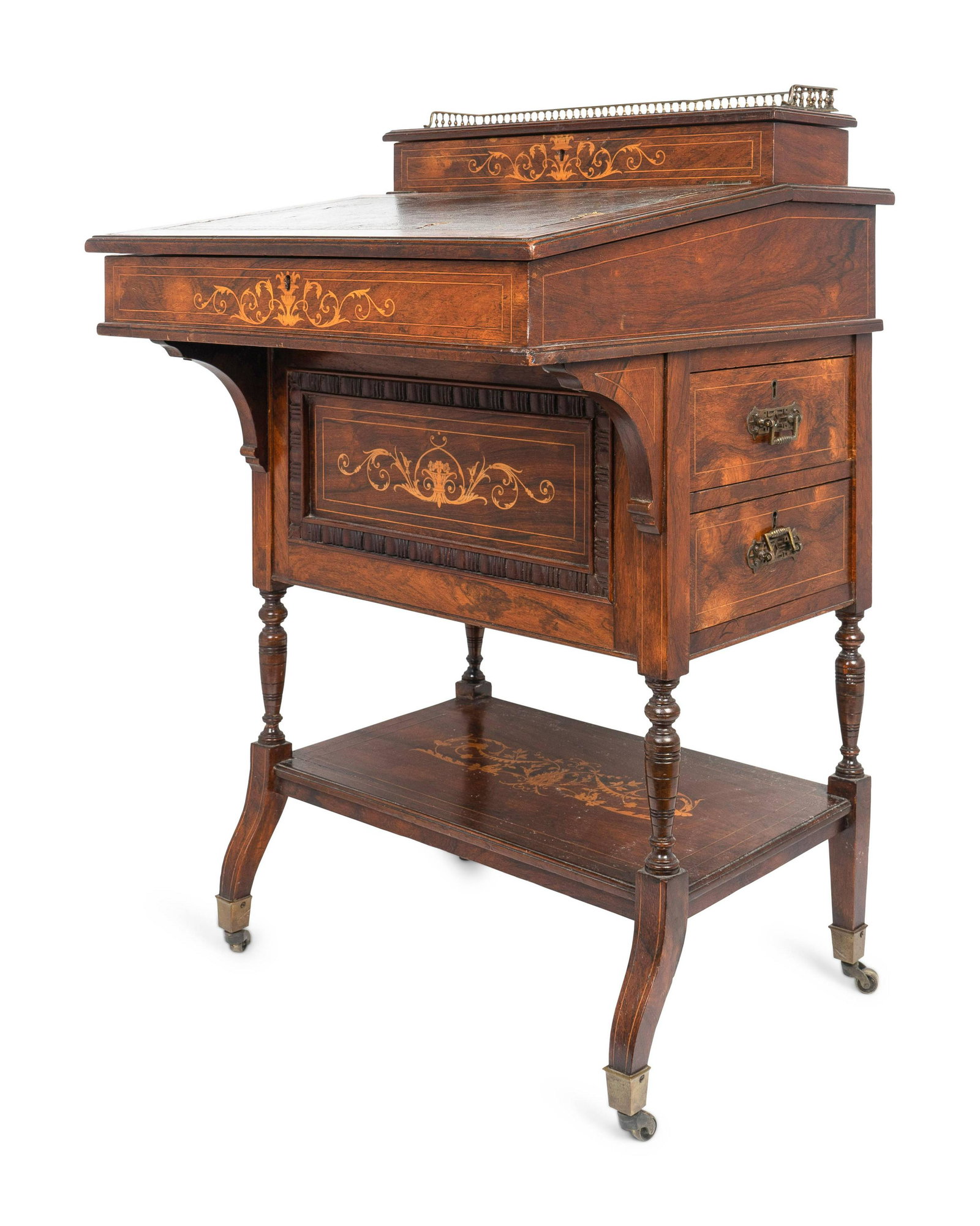 An Edwardian Rosewood and Marquetry Davenport Desk: An Edwardian Rosewood and Marquetry Davenport Desk Late 19th Century Height 35 x width 22 x depth 21 inches. Note: This lot is located in West Palm Beach, Florida. The buyer will be responsible for sh