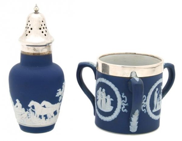 Two Adams Jasperware Silver Mounted Articles, Height of: Two Adams Jasperware Silver Mounted Articles, comprising a loving mug and a castor, each with silverplate mounts. Height of first 3 5/8 inches.