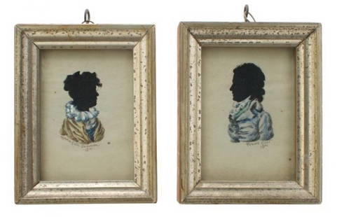 A Pair of British Colonial Silhouettes, Robert Field, H: A Pair of British Colonial Silhouettes, Robert Field, Jamaica, 1801, depicting a lady and gentleman, each having polychrome watercolor decoration. Height 4 1/4 x width 3 inches. Property from the Esta