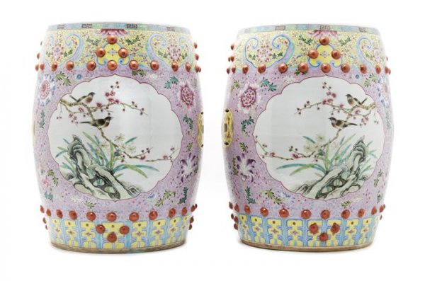 A Near Pair of Famille Rose Decorated Porcelain Garden : A Near Pair of Famille Rose Decorated Porcelain Garden Stools, late 19th century, having foliate decoration throughout with central cartouches depicting magpies in plum trees announcing the arrival of
