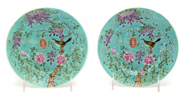 A Pair of Plates from the Dowager Empress's Workshop, D: A Pair of Plates from the Dowager Empress's Workshop, Guangxu Period, having turquoise ground decoration of auspicious magpies, wisteria and roses, decorated on the backs with three iron red bats, mar