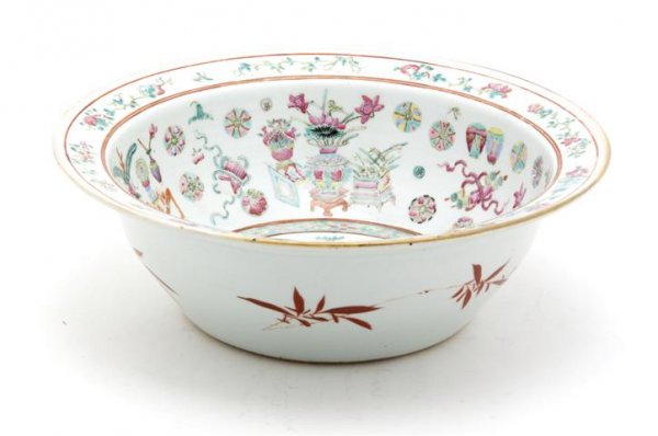 A Famille Rose Porcelain Bowl, Diameter 15 inches.: A Famille Rose Porcelain Bowl, early 19th century, Jiaqing to Daoguang period, decorated with brocade balls and the 100 antiques theme. Diameter 15 inches.