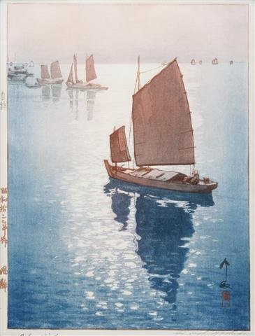 A Japanese Woodblock Print, Hiroshi Yoshida, Height of : A Japanese Woodblock Print, Hiroshi Yoshida, Calm Wind, 1937. Height of sheet 14 1/8 x width 10 inches.