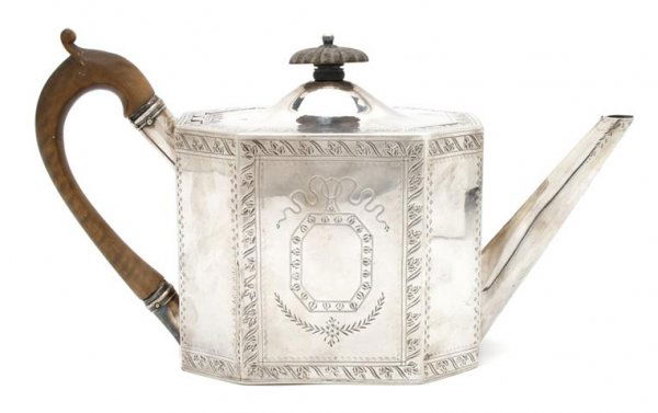 An English Silver Teapot, George Smith II & Thomas Hayt: An English Silver Teapot, George Smith II & Thomas Hayter London, 1793, of elongated hexagonal form, with wood handle and finial, having engraved decoration throughout; approximate weight overall 16.8