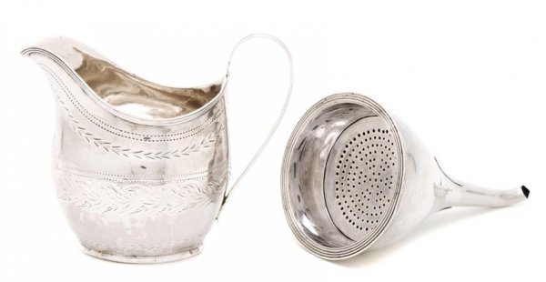 Two English Silver Articles, Height of first 5 1/4 inch: Two English Silver Articles, London, 1800-1801, maker's marks rubbed, comprising a wine funnel and a creamer; approximate total weight 6.99 ozt. Height of first 5 1/4 inches.