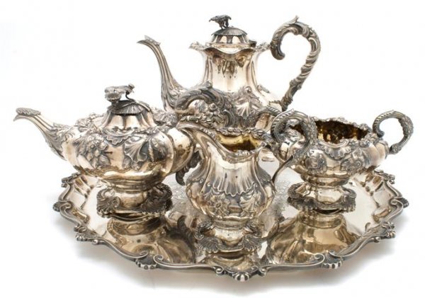 An English Silver Tea and Coffee Service, Jonathan Hayn: An English Silver Tea and Coffee Service, Jonathan Hayne, London, 1834, comprising a teapot, a coffee pot, a creamer and a sugar, together with an associated silver tray stamped 925; approximate total