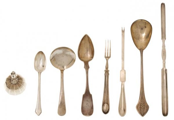 A Collection of Eight English Silver Lobster Picks, Cha: A Collection of Eight English Silver Lobster Picks, Charles James Allen, Sheffield, 1932, together with three Cooper Brothers and Sons bird forks, a coin silver spoon, a sterling silver bell and silve