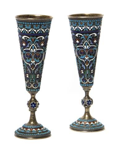 A Pair of Russian Silver Enameled Beakers, Height 6 3/8: A Pair of Russian Silver Enameled Beakers, each of conical form; approximate total weight overall 9.09 ozt. Height 6 3/8 inches. Property from the Estate of Marjorie C. Barnett, M.D., Chicago, Illinoi