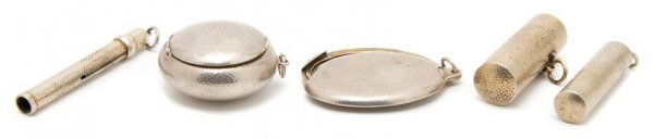 A Russian Silver and Gilt Silver Cosmetic Set, Grachev,: A Russian Silver and Gilt Silver Cosmetic Set, Grachev, comprising five pieces of various forms, each with martele finish; approximate total weight overall 5.11 ozt. Length of longest 3 inches.