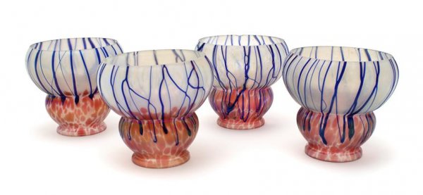 A Set of Four Glass Shades, Attributed to Loetz, Height: A Set of Four Glass Shades, Attributed to Loetz, of double gourd form, the top half having spotted pink decoration phading to the translucent bottom half and having applied blue veining throughout wit