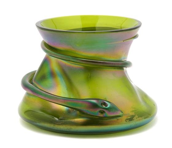 A Loetz Iridescent Glass Vase, Height 3 5/8 inches.: A Loetz Iridescent Glass Vase, of low form, with flaring lip, having an applied serpent, signed Loetz Austria. Height 3 5/8 inches. Property of a Private Southeast Michigan Collector