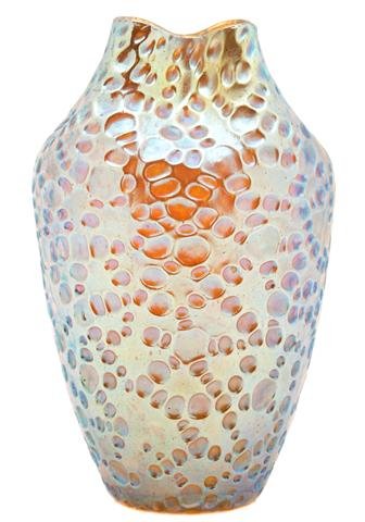 A Loetz Iridescent Glass Vase, Height 7 1/2 inches.: A Loetz Iridescent Glass Vase, of ovoid form, with pinched rim, having cratered finish, etched Loetz Austria. Height 7 1/2 inches. Property of a Private Southeast Michigan Collector