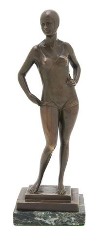 An Austrian Bronze Figure, Bruno Tuch, Height 13 inches: An Austrian Bronze Figure, Bruno Tuch, circa 1925, cast as a standing woman in a swimsuit. Height 13 inches. Property from the John N. Stern Trust, Chicago, Illinois