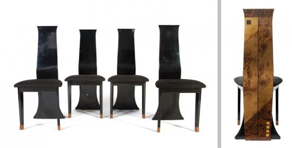 A Set of Four Italian Chairs, Constantini Pietro, Heigh: A Set of Four Italian Chairs, Constantini Pietro, of slender form, having ebonized wood over trapezoidal upholstered seats, the reverse veneered in burlwood in an Art Deco design. Height of each 42 in