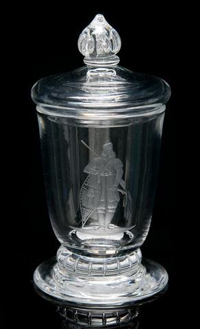 A Steuben Glass Covered Vase, the Trapper, Height 5 3/4: A Steuben Glass Covered Vase, the Trapper, model w148, designed by Sidney Waugh, introduced in 1943. Height 5 3/4 inches.