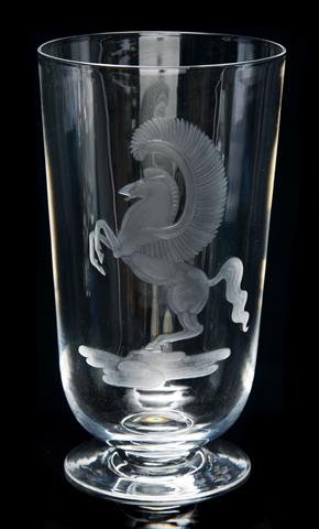 A Steuben Glass Footed Vase, Pegasus, Height 7 1/4 inch: A Steuben Glass Footed Vase, Pegasus, model 8206, designed by Sidney Waugh, engraved with a rearing Pegasus. Height 7 1/4 inches.