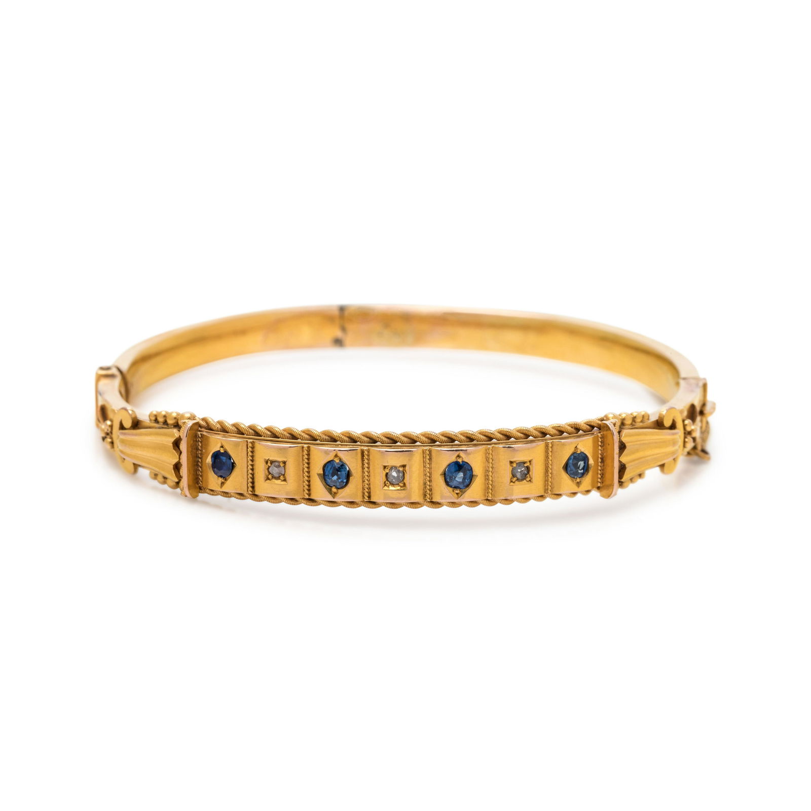 ANTIQUE, YELLOW GOLD, SAPPHIRE AND DIAMOND BANGLE (1 of 2)