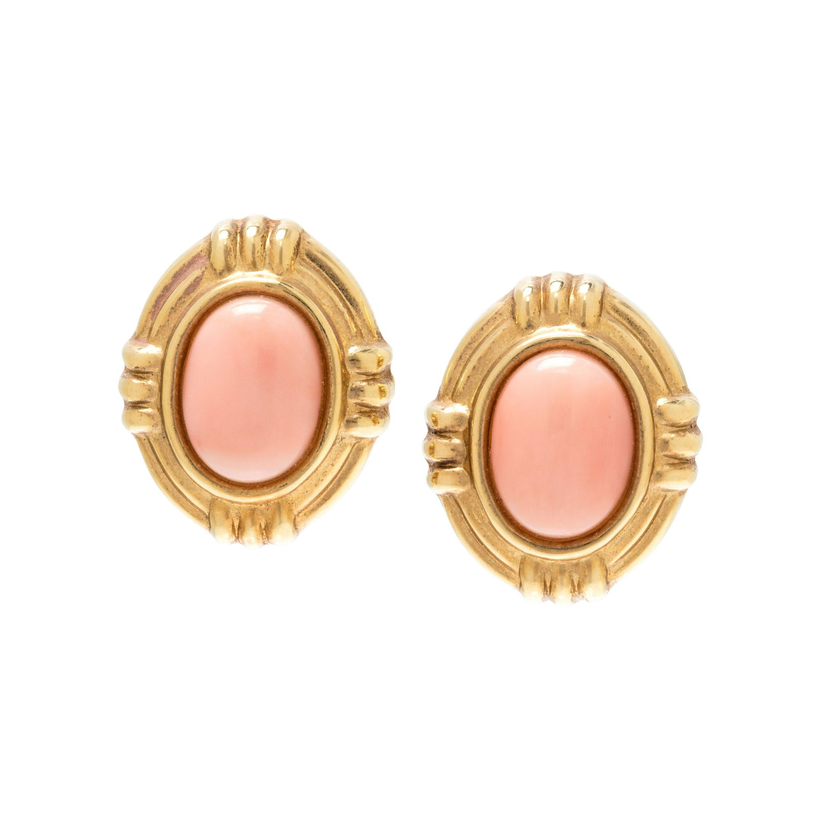 YELLOW GOLD AND ANGEL SKIN CORAL EARCLIPS (1 of 2)