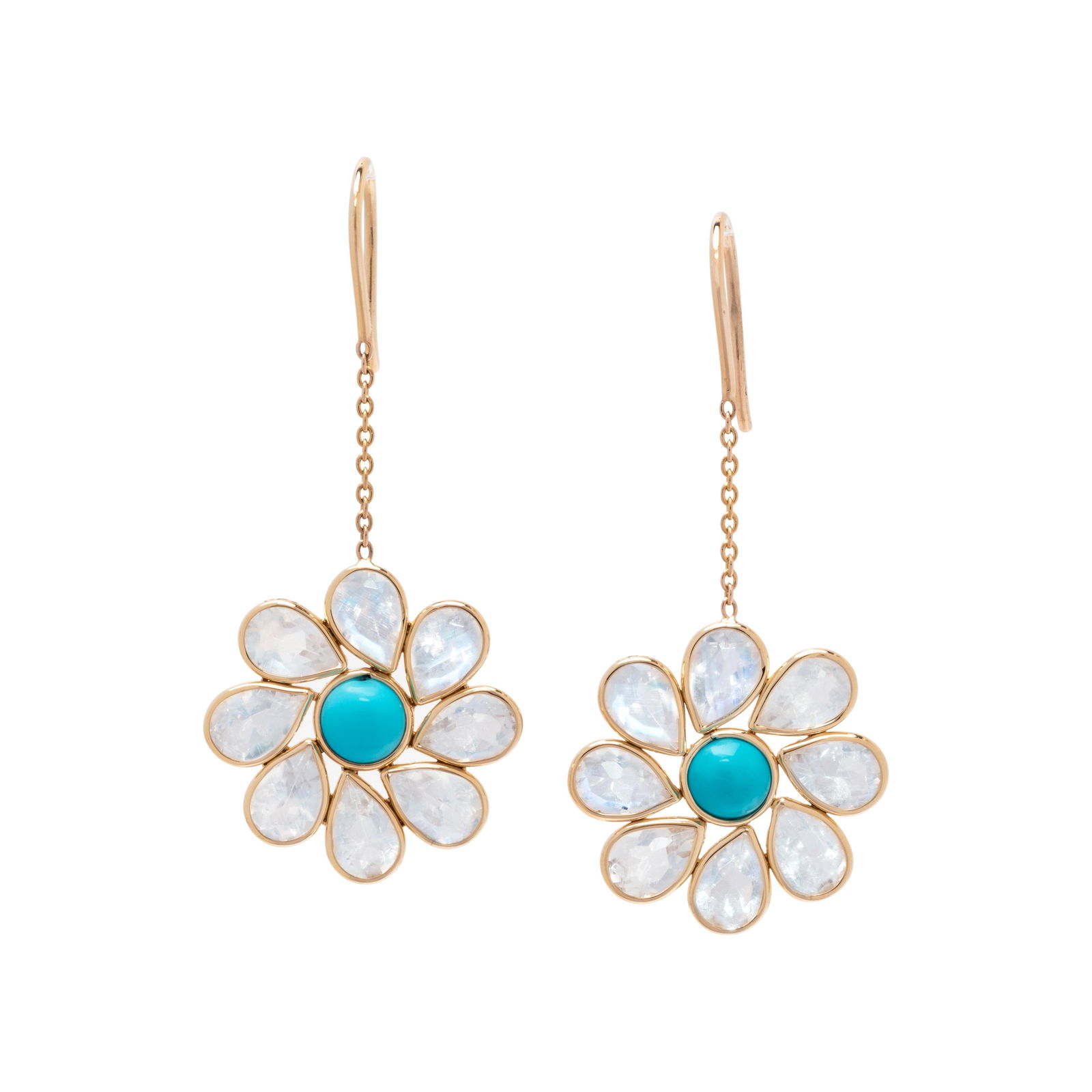 MOONSTONE AND TURQUOISE FLOWER EARRINGS: MOONSTONE AND TURQUOISE FLOWER EARRINGS Containing two oval cabochon turquoise and 16 pear mixed cut moonstones. Mounted in yellow gold. 1 5/8 inches long. Stamp: K18 TO-0.90CT. 2.10 dwt.