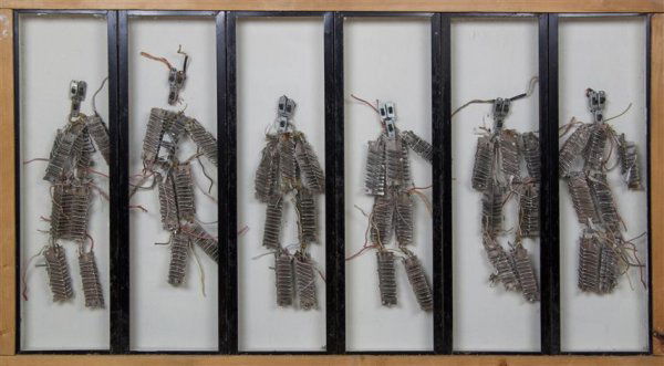 Willie Cole, 20th century, Switch Doctors, 1991: Willie Cole 20th century Switch Doctors, 1991 mixed media signed, titled and dated 91 (verso) 24 x 44 inches. From the Collection of the Bank of Shorewood, Shorewood, Illinois