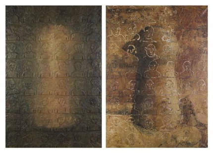 Philippe Cognee, (French, b. 1957), Untitled (diptych),: Philippe Cognee (French, b. 1957) Untitled (diptych), 1987 oil and encaustic on canvas and carved wood signed and dated 87 (verso) 71 x 99 inches.