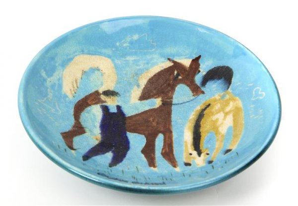 Aaron Bohrod, (American, 1907-1992), Boy with Horses: Aaron Bohrod (American, 1907-1992) Boy with Horses ceramic inscribed Diameter 8 1/2 inches.