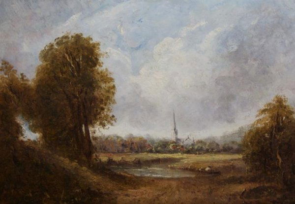 Attributed to John Constable, (British, 1776-1837), Lan: Attributed to John Constable (British, 1776-1837) Landscape oil on board 13 1/8 x 19 inches.